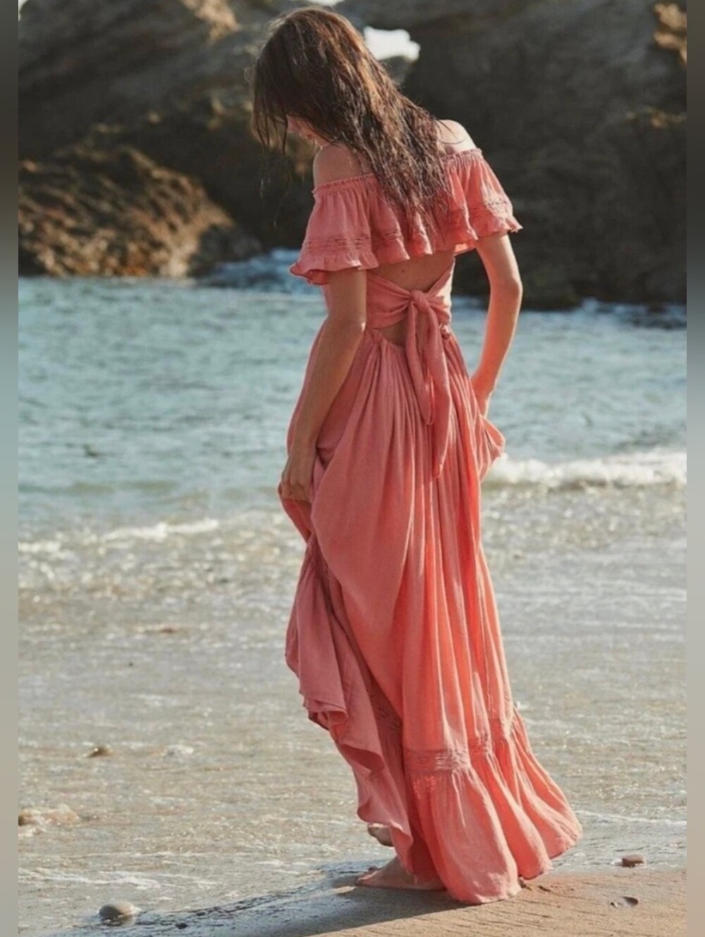 Free People Coral Off-Shoulder Maxi Dress XS NWOT